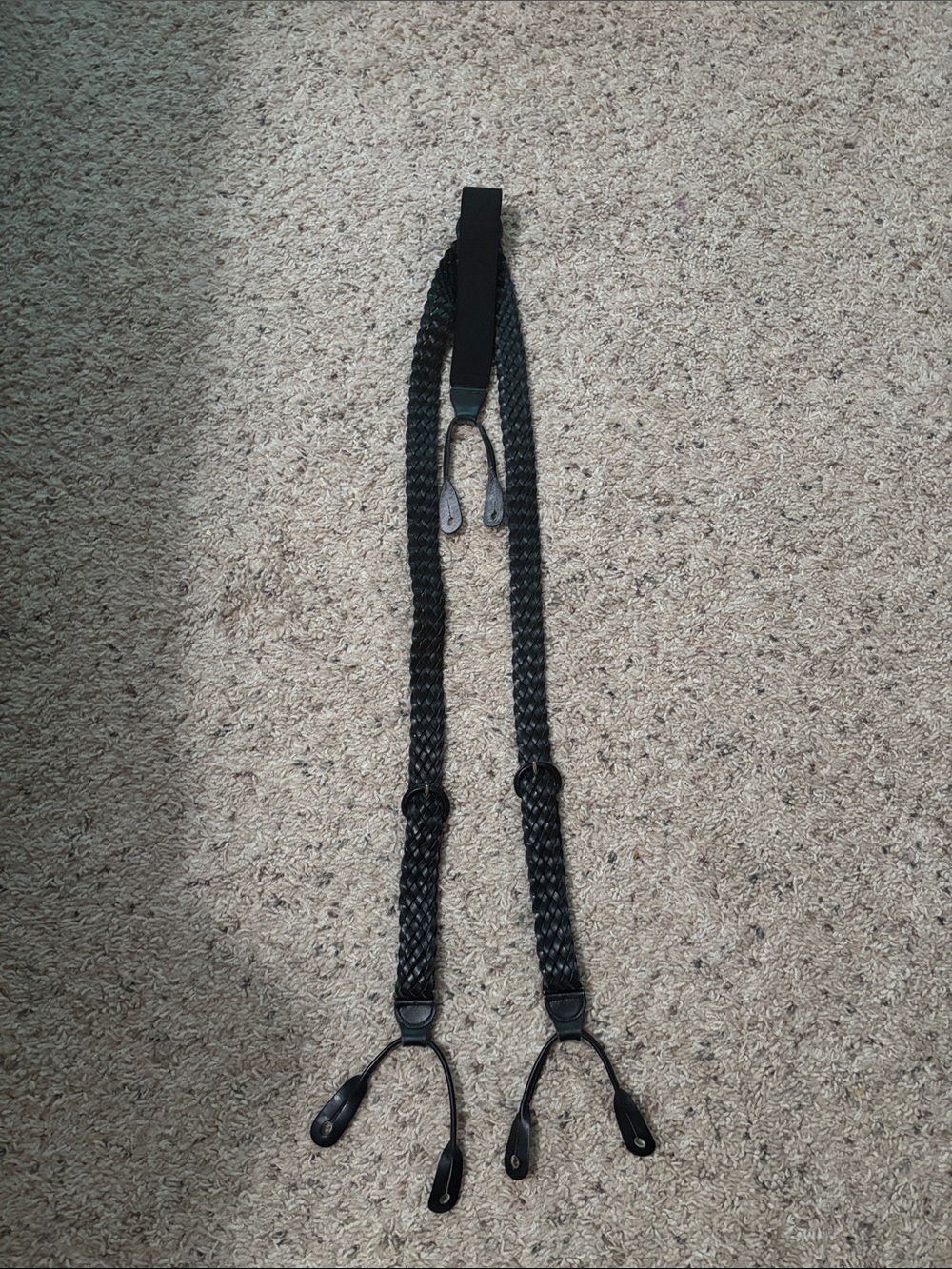 black braided leather button-end Y-back suspenders